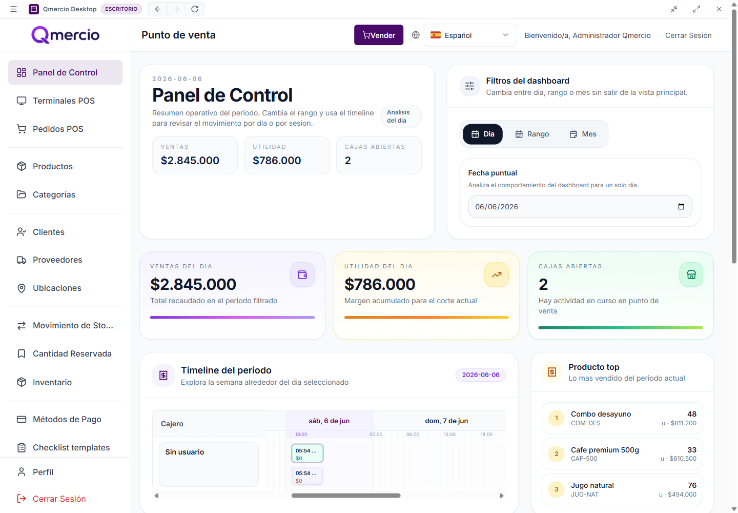Panel de control Qmercio en escritorio