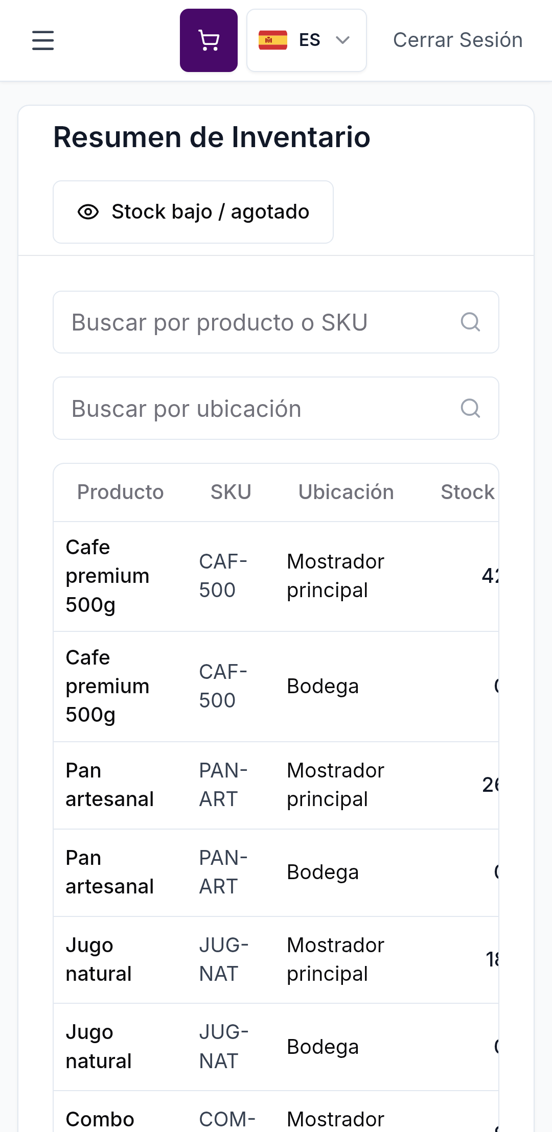Resumen de inventario en Qmercio